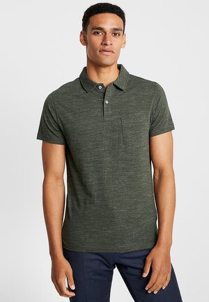 Dark green polo shirt featuring a textured fabric, buttoned collar, and a chest pocket. Short sleeves and a slim fit design.
