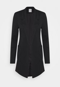 Czarna marynarka z długim rękawem, z klapami, dwoma przednimi kieszeniami i prostym dołem. Wykonana z gładkiego, lekkiego materiału.