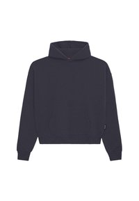 Donkerblauwe hoodie van zachte stof, met een kangoeroezak, brede manchetten en een capuchon met trekkoord. Eenvoudig, minimalistisch ontwerp zonder patronen.