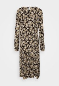 Blommig klänning med långa ärmar, med en svart bakgrund och guldfärgade blommönster. V-ringad design, plisserad kjol. Mjuk tygtextur.