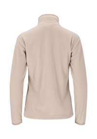 Giacca in pile beige con colletto alto, maniche lunghe e una texture liscia. La parte posteriore è semplice, senza loghi o motivi visibili.