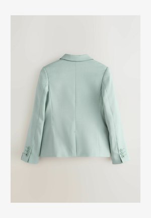 Blazer azzurro chiaro con revers appuntiti, vestibilità su misura e maniche lunghe. Presenta tre bottoni su ogni polsino e una texture del tessuto liscia.