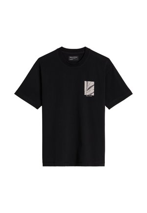 Black short-sleeve T-shirt with round neck and small rectangular graphic with gray and black abstract design on left chest.