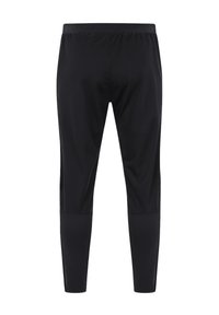 Schwarze Sportleggins aus glattem, dehnbarem Stoff, mit einem breiten elastischen Bund und schmal zulaufenden Beinen mit konturierten Nähten.