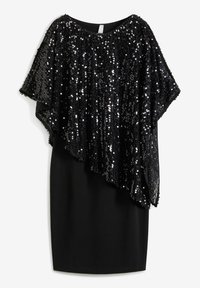Abito nero con sovrapposizione di paillettes morbida, caratterizzato da una scollatura rotonda e maniche corte, texture liscia con dettagli scintillanti.