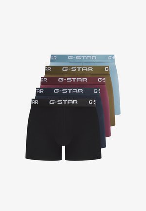 Vijf paar G-STAR boxers in verschillende kleuren: zwart, donkerblauw, bordeaux, olijfgroen en lichtblauw, met elastische merkbanden.