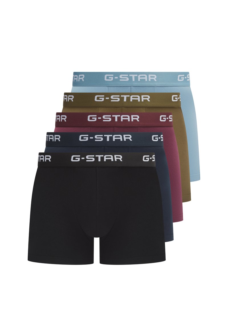 Fünf Paare G-STAR Boxershorts in verschiedenen Farben: schwarz, dunkelblau, burgunderrot, olivgrün und hellblau, ausgestattet mit elastischen, markierten Bündchen.