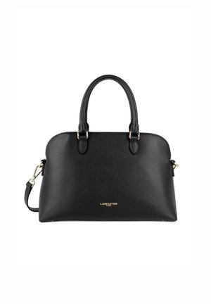 Borsa a mano in pelle nera con una forma strutturata, doppio manico, tracolla removibile e dettagli in metallo dorato. Logo del marchio visibile sul davanti.