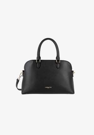 Sac à main en cuir noir avec une forme structurée, deux poignées, une bandoulière amovible et des accents en matériel doré. Logo de la marque affiché à l'avant.