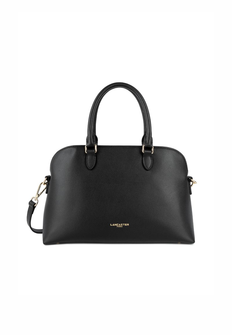 Borsa a mano in pelle nera con una forma strutturata, doppio manico, tracolla removibile e dettagli in metallo dorato. Logo del marchio visibile sul davanti.