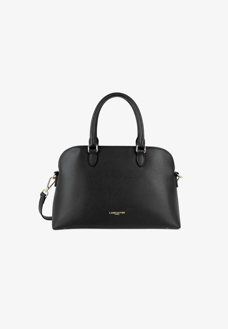 Borsa a mano in pelle nera con una forma strutturata, doppio manico, tracolla removibile e dettagli in metallo dorato. Logo del marchio visibile sul davanti.