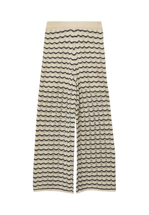 Pantalon large couleur crème à rayures horizontales noires ondulées et taille haute, avec un motif tricoté texturé sur toute la surface.