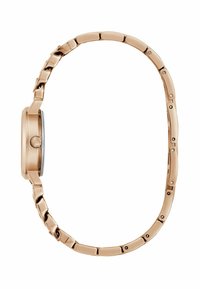 Rose gold metal wristwatch featuring a round case, smooth bezel, and a link bracelet with polished and brushed finishes.