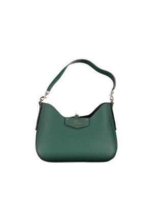 Groene getextureerde leren schoudertas met gebogen bovenkant, korte riem en kleine metalen sluiting, merkspecifiek detail vooraan in het midden.