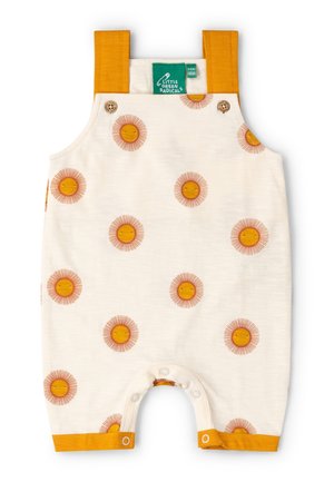 Cream baby romper with orange sun prints, mustard shoulder straps, and snap buttons at the crotch for 3-6 months old.