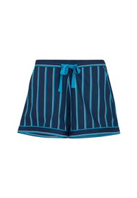 Marine zwemshorts met lichtblauwe en witte verticale strepen. Voorzien van een tailleband met trekkoord en een wijde pijpdesign. Glad, snel drogend stof.