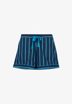 Costumi da bagno navy con righe verticali azzurro chiaro e bianche. Presentano una vita con cordoncino e un design a gamba larga. Tessuto morbido e ad asciugatura rapida.