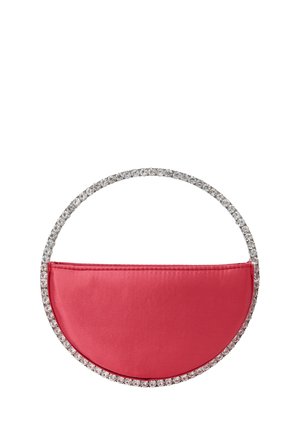Lyserød satin handbag i en halvcirkelform, prydet med et cirkulært håndtag med en række glitrende rhinsten rundt om kanten.