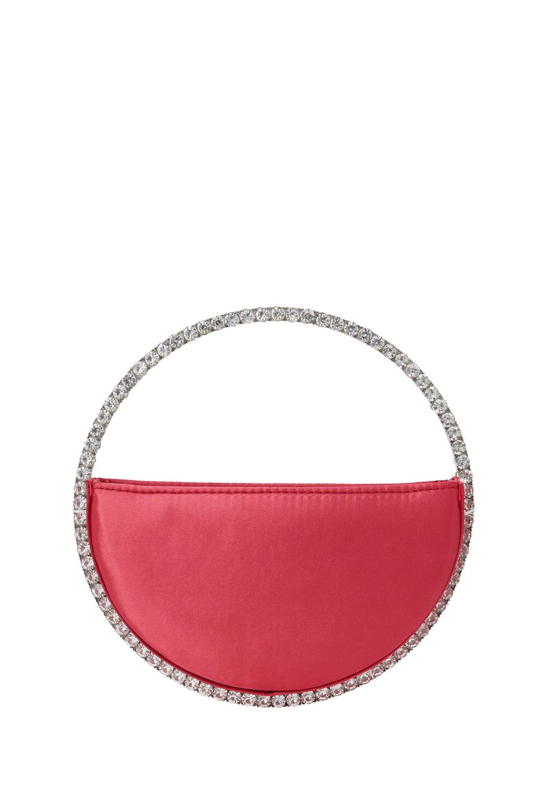 Lyserød satin handbag i en halvcirkelform, prydet med et cirkulært håndtag med en række glitrende rhinsten rundt om kanten.