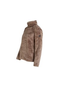 Bruine, harige pullover met een hoge kraag en lange mouwen. Beschikt over een zachte textuur en een zwart logo-opdruk op de linkerarm.