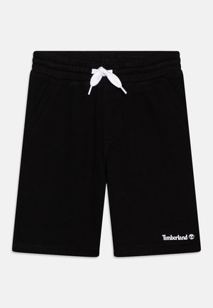 Czarne dzianinowe szorty z elastycznym pasem i białym sznurkiem, boczne kieszenie oraz małe białe logo Timberland na lewym dolnym brzegu nogawki.