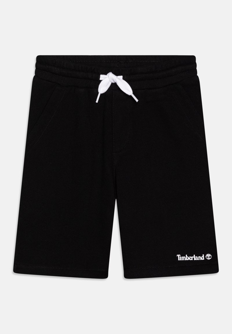 Shorts en maille noire avec taille élastique et cordon blanc, poches latérales et petit logo Timberland blanc sur l'ourlet de la jambe gauche.