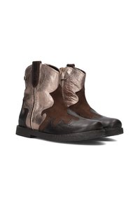 Leather ankle boots featuring a metallic bronze upper and dark brown suede accents. Decorative wave pattern on sides, zip closure, textured sole.