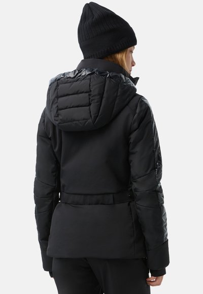 Black insulated jacket with a puffy quilted hood, cinched waist, smooth fabric texture, and long sleeves, viewed from the back.