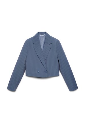 Blazer corto a righe blu con design doppiopetto, ampi revers e due bottoni. Tessuto liscio e maniche lunghe e dritte.