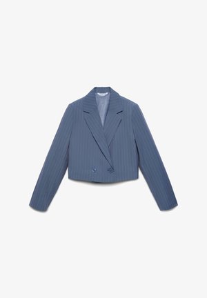 Przycięta niebieska marynarka w prążki z podwójnym zapięciem, szerokimi klapami i dwoma guzikami. Gładka tkanina i długie, proste rękawy.