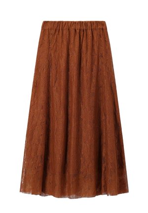 Bruine kanten midi rok met elastische tailleband en luchtige stof, met een gedetailleerd bloemenpatroon.
