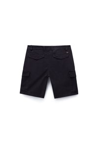 Schwarze Cargo-Shorts mit geradem Schnitt, aus Baumwolle, mit zwei Taschen an den Seiten und zwei Taschen hinten, schlichte Struktur.