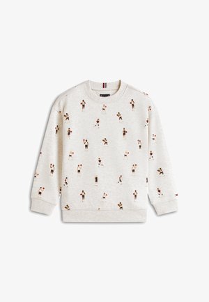 Világos bézs pulóver, kis méretű, különböző pózokban lévő kosárlabdázókat ábrázoló illusztrációkkal a szöveten szétosztva.