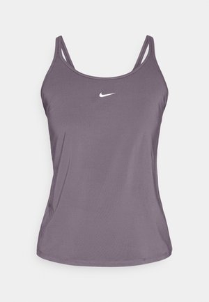 Purple athletic tank top with thin straps and a round neckline, featuring a small white Nike logo on the chest. Smooth texture.