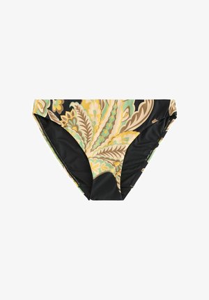 Bikini alja sokszínű virágmintázattal, zöld, sárga és barna árnyalatokban, fekete alappal és sima szövettextúrával.