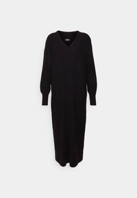Robe longue noire en maille côtelée avec col en V et manches longues, conçue pour une coupe décontractée.