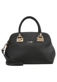 Zwarte handtas van textuur materiaal, met een gevlochten handvat, gouden hardwareaccenten en een afneembare schouderriem.