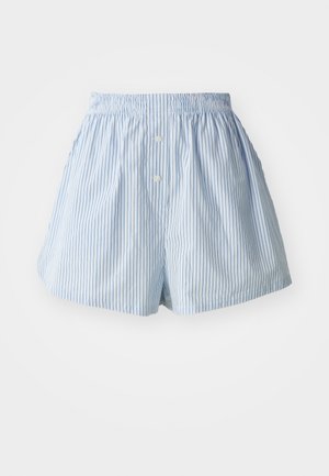 Niebieskie i białe paskowane szorty wykonane z lekkiego materiału, z elastycznym pasem i dwoma przednimi guzikami.