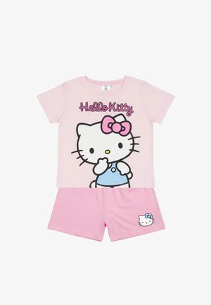 Roze korte mouwen top en korte broek voor kinderen met groot Hello Kitty-gezicht en strik op het topje, kleiner Hello Kitty-gezicht op de shorts.