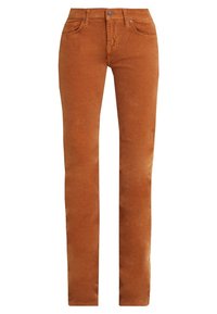 Bruine corduroy skinny broek met een gladde textuur, vijf zakken en een knoopsluiting bij de tailleband.