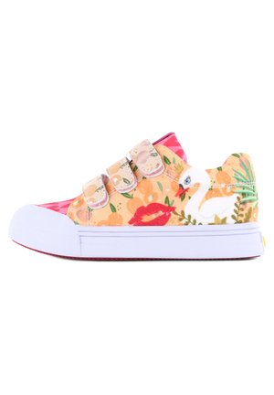 Canvas sneaker with a vibrant floral pattern in orange and green, featuring two Velcro straps and a white rubber cap toe.