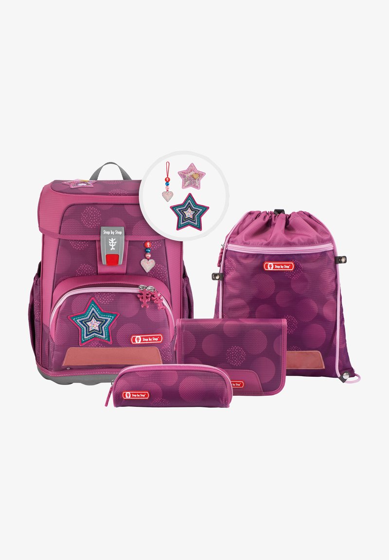 Purple-themed backpack set including a large backpack, a drawstring bag, a pencil case, and a wallet, featuring star designs and polka dots.