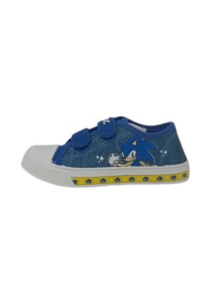 Scarpa da ginnastica blu per bambini con due cinturini a Velcro, con grafica di Sonic the Hedgehog e bordo della suola giallo decorato con icone di Sonic.