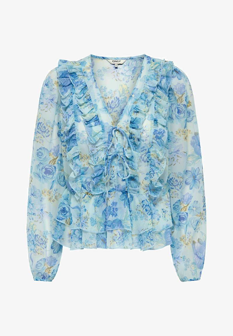 Blouse fleurie bleu clair avec col en V à volants, manches longues et détail noué à l'avant, réalisée en tissu léger et fluide transparent.