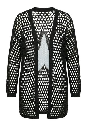 Czarny otwarty kardigan dziany z dużym wzorem siatkowym i długimi rękawami, z jednolitym prążkowanym dołem i mankietami.