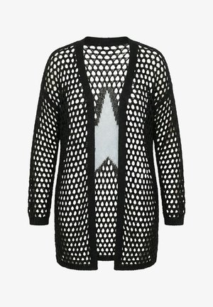 Czarny otwarty kardigan dziany z dużym wzorem siatkowym i długimi rękawami, z jednolitym prążkowanym dołem i mankietami.