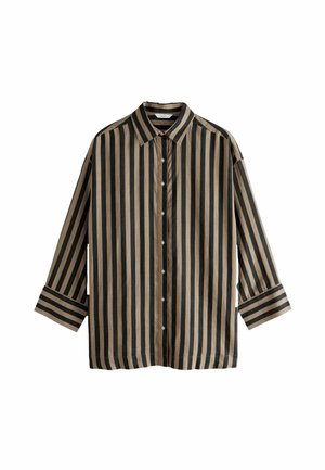 Overhemd met lange mouwen met verticale zwarte en beige strepen, een scherpe kraag en brede manchetten met horizontale strepen.