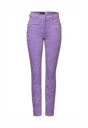 Lila gekleurde broek, slim fit, gemaakt van een katoenmix. Voorzien van twee zijzakken en een enkele achterzak, met een knoopsluiting.