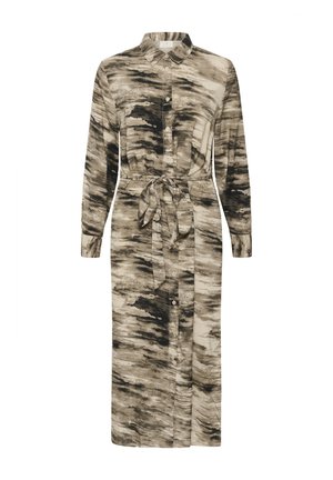 Robe midi à manches longues avec boutons, col, ceinture à nouer, et motif abstrait beige et noir marbré.