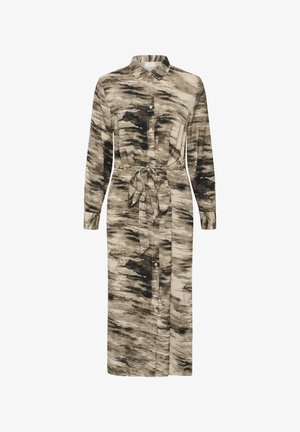 Midi-jurk met lange mouwen, knopen, kraag, strikceintuur en een abstract beige-zwart marmerpatroon.